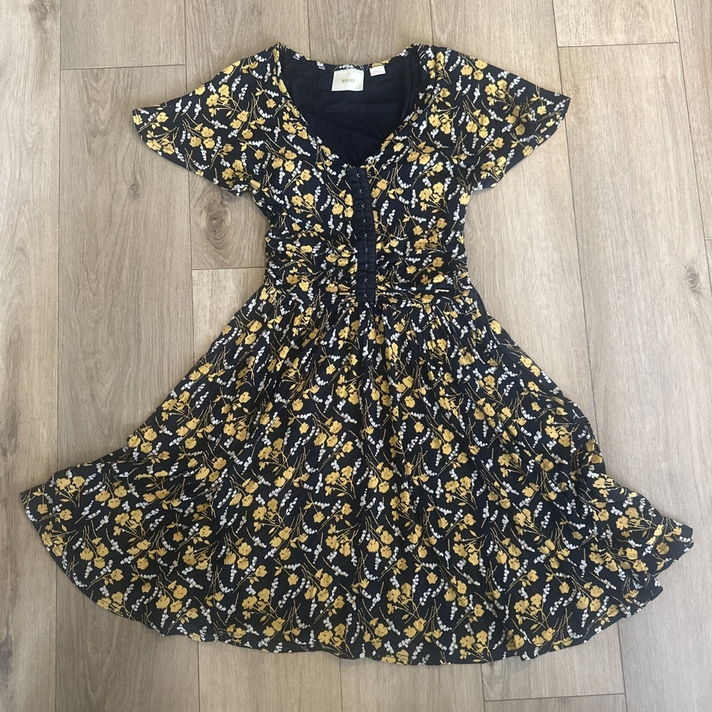 Maeve Anthropologie Fit & Flare Black Yellow Floral Milkmaid Dress Women's Sm